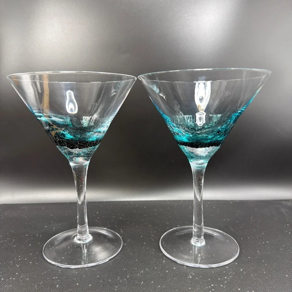 Pier 1 Teal Blue Crackle‎ Glass Martini Glasses Cocktail Stemware Cups Set of 2